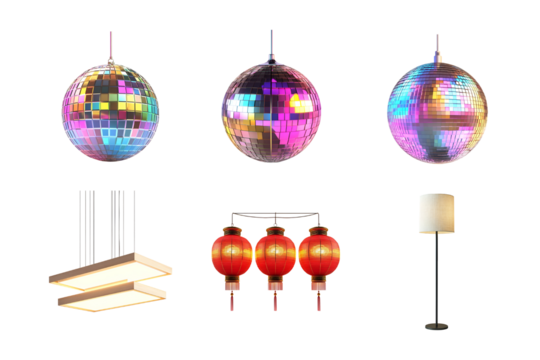 A vibrant collection of lighting fixtures including disco balls and stylish lamps. Perfect for creating a lively atmosphere in parties or enhancing interior design aesthetics.