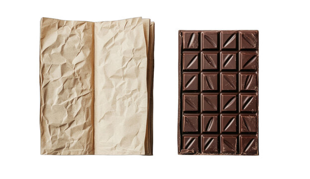 Crinkled brown paper beside a dark chocolate bar