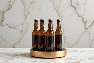 Brown Beer Bottles on Rotating Display: Four amber glass beer bottles with crown caps stand on a modern copper rotating display against a marble backdrop.  A minimalist image ideal for brewing.