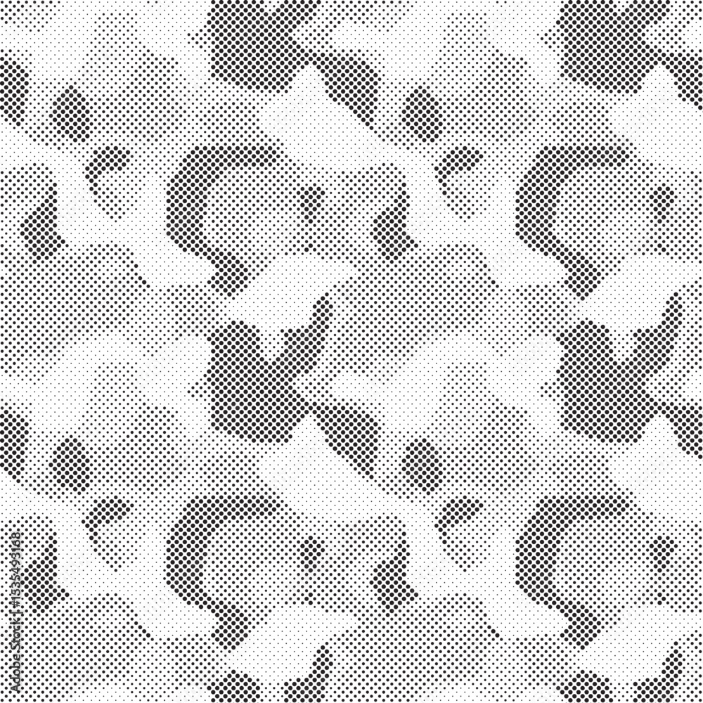 Poster abstract halftone seamless camouflage pattern. repeating digital dotted hexagonal camo military text