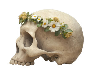 Human skull with floral crown: juxtaposition of life and death