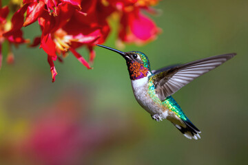 A close-up of a ruby-throated hummingbird hovering near vibrant red flowers.