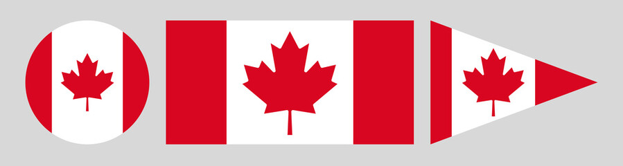 Set of Canada flags in different shapes, including round, rectangular, and triangular pennant styles, featuring the iconic red maple leaf on white and red background. Perfect for national celebrations