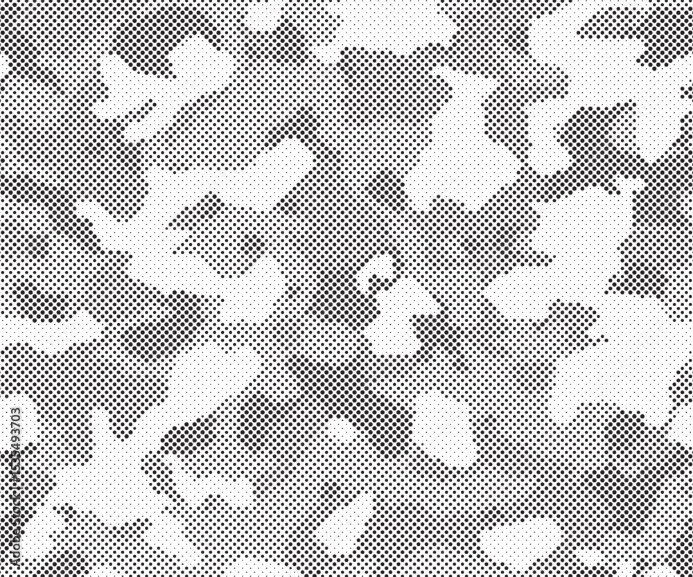 Poster Abstract halftone seamless camouflage pattern. Repeating digital dotted hexagonal camo military texture background. Abstract modern fabric textile ornament. Vector illustration.	