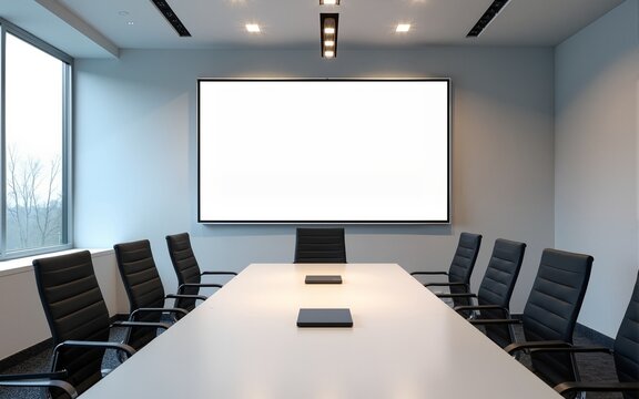 Modern conference room with blank monitor on the wall ready for a presentation. High quality