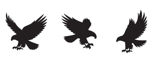 Set of three eagle or hawk silhouettes in mid-flight and landing poses, with wings spread and claws extended, isolated on a white background for nature or design themes