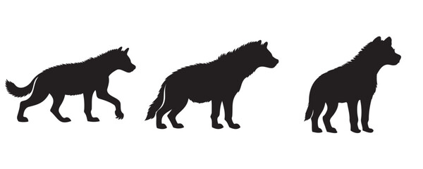 Set of three wild canine silhouettes, including a hyena and wolf-like figures, shown in side profile on a white background, ideal for wildlife or nature-themed designs