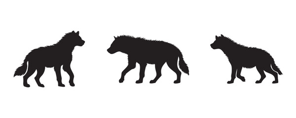 Silhouettes of three wild canines in side view, including a hyena and wolf-like figures, isolated on white background for animal comparison or design use