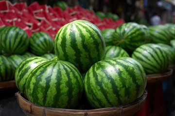 Pile of watermelons in a woven basket against background of watermelon slices and whole melons