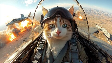 Cat fighter pilot, inside cockpit. Explosions and jets