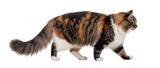 Beautiful calico cat walking gracefully, showcasing its vibrant fur patterns and elegant posture. cat colors blend harmoniously, creating striking