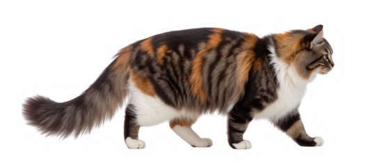 Beautiful calico cat walking gracefully, showcasing its vibrant fur patterns and elegant posture. cat colors blend harmoniously, creating striking