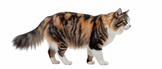Fluffy calico cat with striking coat pattern walks gracefully, showcasing its vibrant colors and playful demeanor