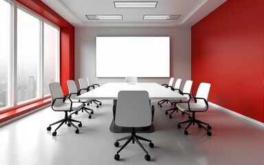 Modern conference room with a large table and chairs, panoramic windows, and red accent walls. Light, urban office space for business meetings. 3D Rendering. High quality