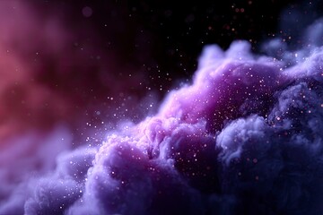 Purple smoke or fog floats amidst scattered glitters in a dark setting