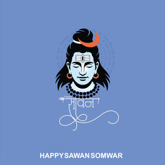 Happy Sawan Somvar Lord Shiva, depicted in a stylized, graphic art style. Shiva's face is blue, with a third eye on his forehead and a crescent moon on his head. 