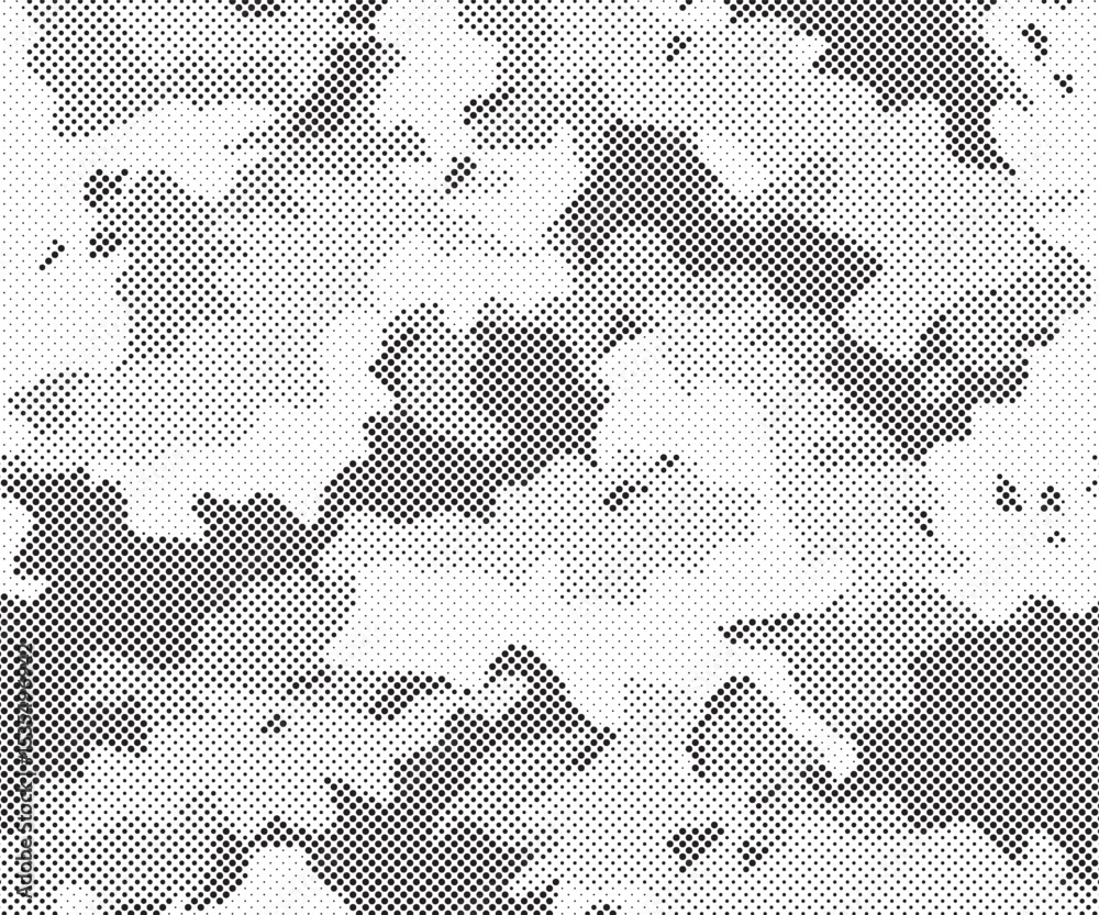 Poster Abstract halftone seamless camouflage pattern. Repeating digital dotted hexagonal camo military texture background. Abstract modern fabric textile ornament. Vector illustration.	