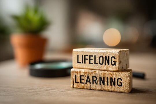 Lifelong Learning concept on wooden blocks with plants, symbolizing personal growth