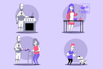 Robots helping people in various tasks such as cooking, serving, and interacting. Daily life and companionship concept