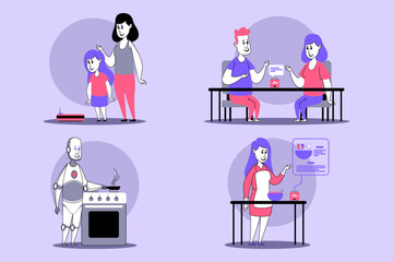 Collection showcasing different interactions between individuals, including mother with her daughter, friends sharing ideas, and robot helping with cooking