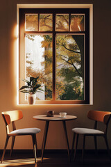 Minimalist coffee nook by window, small table, two chairs, and warm tones.
