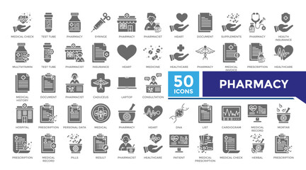 Pharmacy solid icon set collection. This set includes prescription, report, result, cardiology, dna,checkup, consultant, lab and more icons in 
solid style. Vector icons collection for websites
