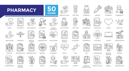 Pharmacy lineal icon set collection. This set includes prescription, report, result, cardiology, dna,checkup, consultant, lab and more icons in 
lineal style. Vector icons collection for websites