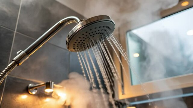Hot shower running with steam rising in luxury indoor bathroom design