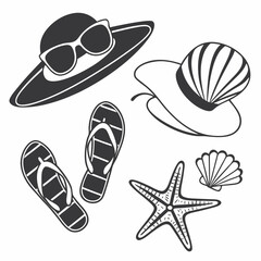 Black vector illustration of beach items: sunglasses, flip-flops, seashell, starfish, and a sunhat, minimal flat design