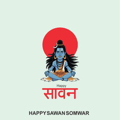 Happy Sawan Somvar Lord Shiva, depicted in a stylized, graphic art style. Shiva's face is blue, with a third eye on his forehead and a crescent moon on his head.