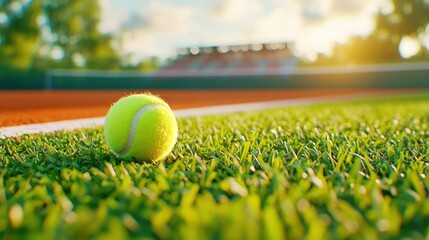 Vivid yellow tennis ball resting on baseline of clay court, illuminated by warm glow of sunset