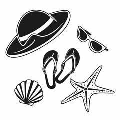 Black vector illustration of beach items: sunglasses, flip-flops, seashell, starfish, and a sunhat, minimal flat design
