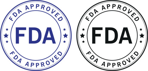 Two FDA approved circular badge labels in blue and black with bold text for product certification	
