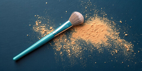 Teal makeup brush and spilled powder on dark surface