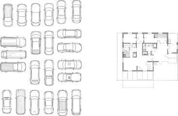 Detailed top-down view of vehicles and floor plan layout, showcasing multiple cars with various designs and a well-structured interior design layout for residential building © Titan