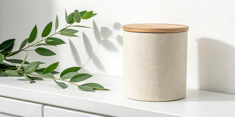 Beige linen storage container with wooden lid and eucalyptus branch
