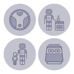 Icons of various home automation technologies. Robotic vacuum, cooking assistant robot, AI interacting with child, and timer display. Advanced household innovation concept