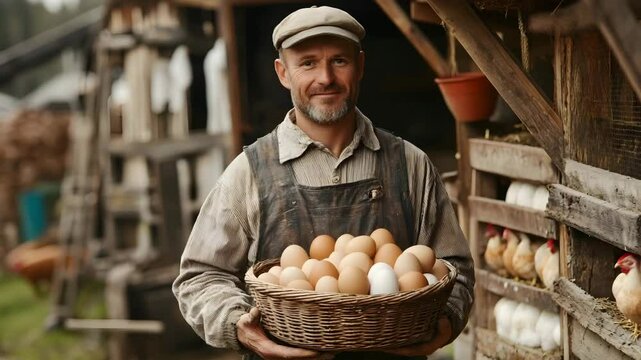 Smiling farmer holding basket full of fresh eggs near rustic chicken coop, showcasing peaceful rural agriculture and poultry life