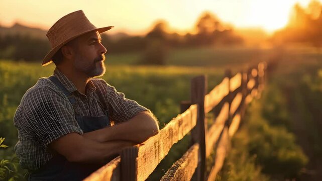 Thoughtful farmer wearing hat leans on wooden fence at sunset, enjoying peaceful rural landscape and agriculture field with warm golden light