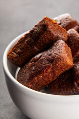 Biscuit Financier chocolate cookie sweet dessert fresh delicious gourmet food background on the table rustic food top view copy space
