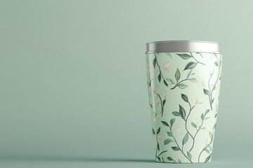 
A 3D illustration of a tumbler wrapped in a simple yet elegant floral pattern, symbolizing natural beverage packaging and aesthetic design