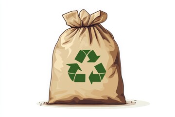 A cartoon flat icon of a compost bag with a green recycling symbol, symbolizing eco-friendly waste disposal and environmental consciousness