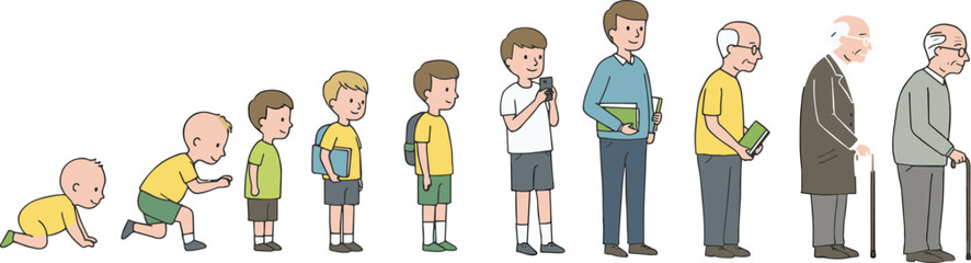 Evolution of Human Life Stages from Baby to Elderly, Illustrating Growth and Change in Physical Appearance, Age Progression, Life Cycle, and Development from Childhood to Old Age