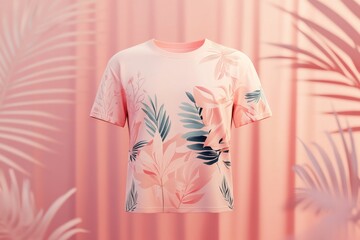 A 3D-rendered mockup of a T-shirt with an abstract, soft pink and green botanical pattern, symbolizing custom apparel design and feminine fashion