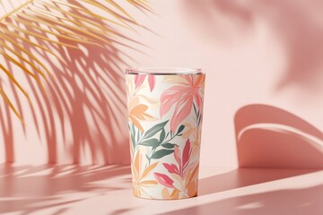 A 3D-rendered mockup of a tumbler with an abstract, soft pink and green botanical pattern, symbolizing custom drinkware and tropical aesthetics