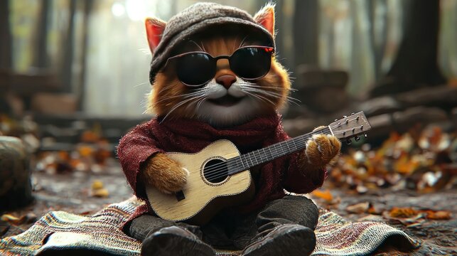Cat playing guitar wearing shades in forest
