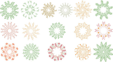 Floral Mandala Designs in Soft Green, Pink, Yellow, and Orange, Intricate Symmetrical Patterns with Natural Leaves, Detailed Floral Illustrations for Seasonal, Decorative, and Elegant Art