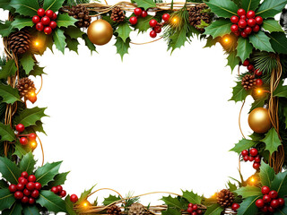 Dark Green Holly Leaves Festive Christmas Border Gold Ornaments Red Berries Pine Cones Twinkling Lights isolated on a transparent background