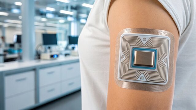 Innovative skin patch on arm in a modern lab, showcasing technology and health monitoring advancements.