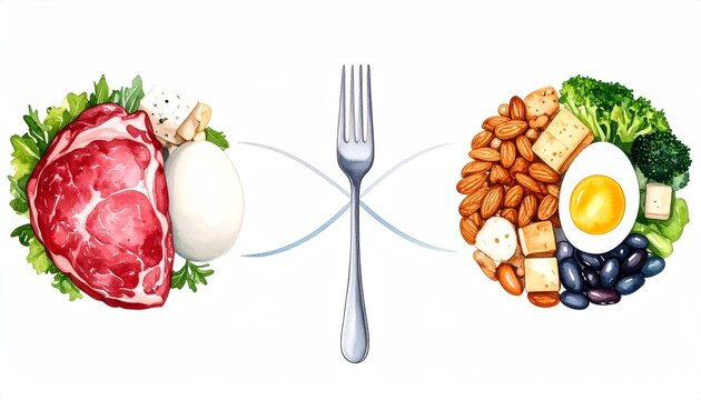 Vegan substitution options concept. Food illustration contrasting protein sources with a fork in the middle.